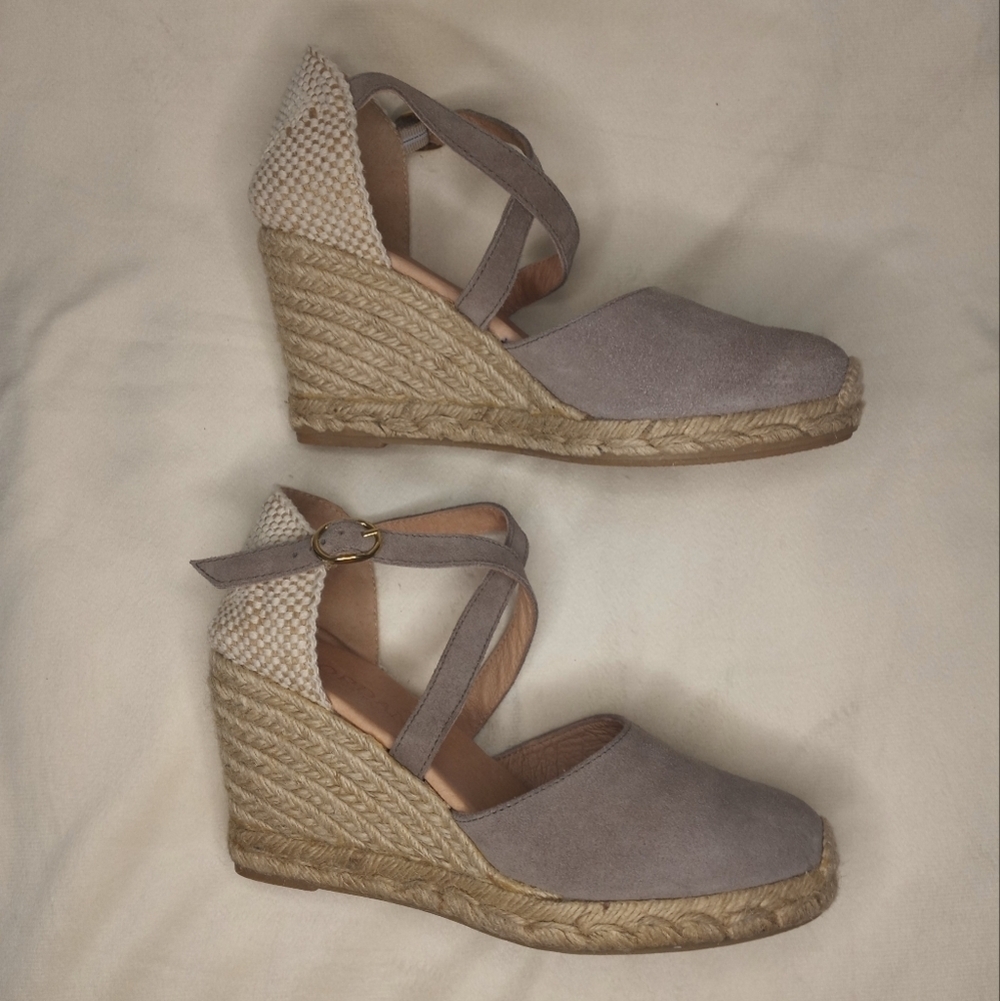 Cordani Suede Taupe and Cream  Woven Jute Espadrille Wedges